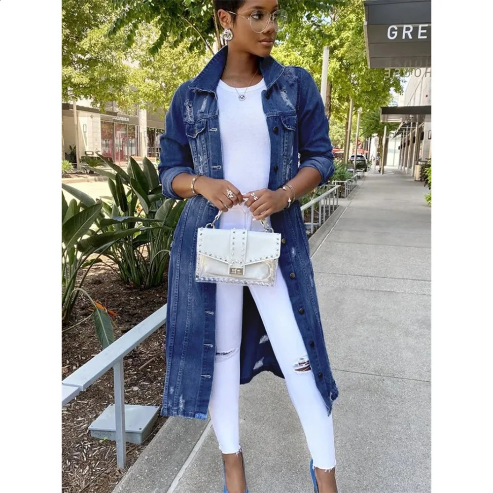 2023 Broken Holes Long Denim Jacket Women Autumn Winter Lapel Longsleeve Singlebreasted Coat Female Trend Casual Outerwear 240725