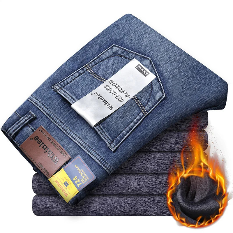 Mens ultrathin elastic fashionable casual winter jeans mens thick velvet pants warm wool shorts black blue size 2840 240726