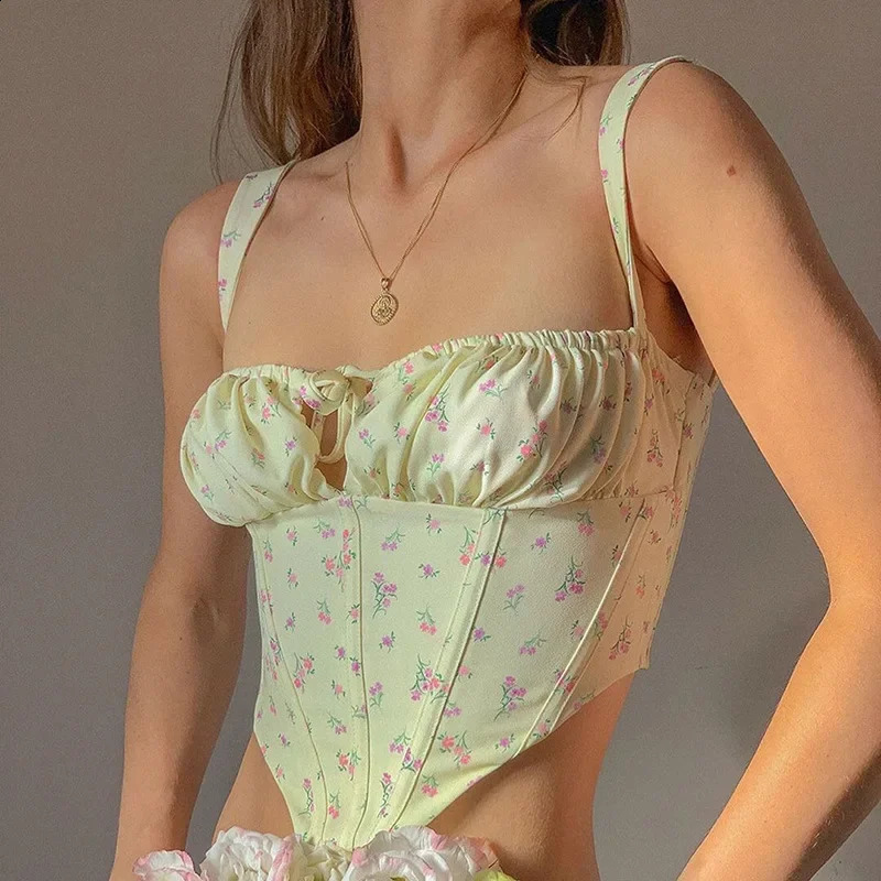Lacet Up Floral Imprimé ruine à cravate avant supérieur sans manches Cottagecore Crops Femmes Sexy Backlesles os Busttier Cropped Top 240726