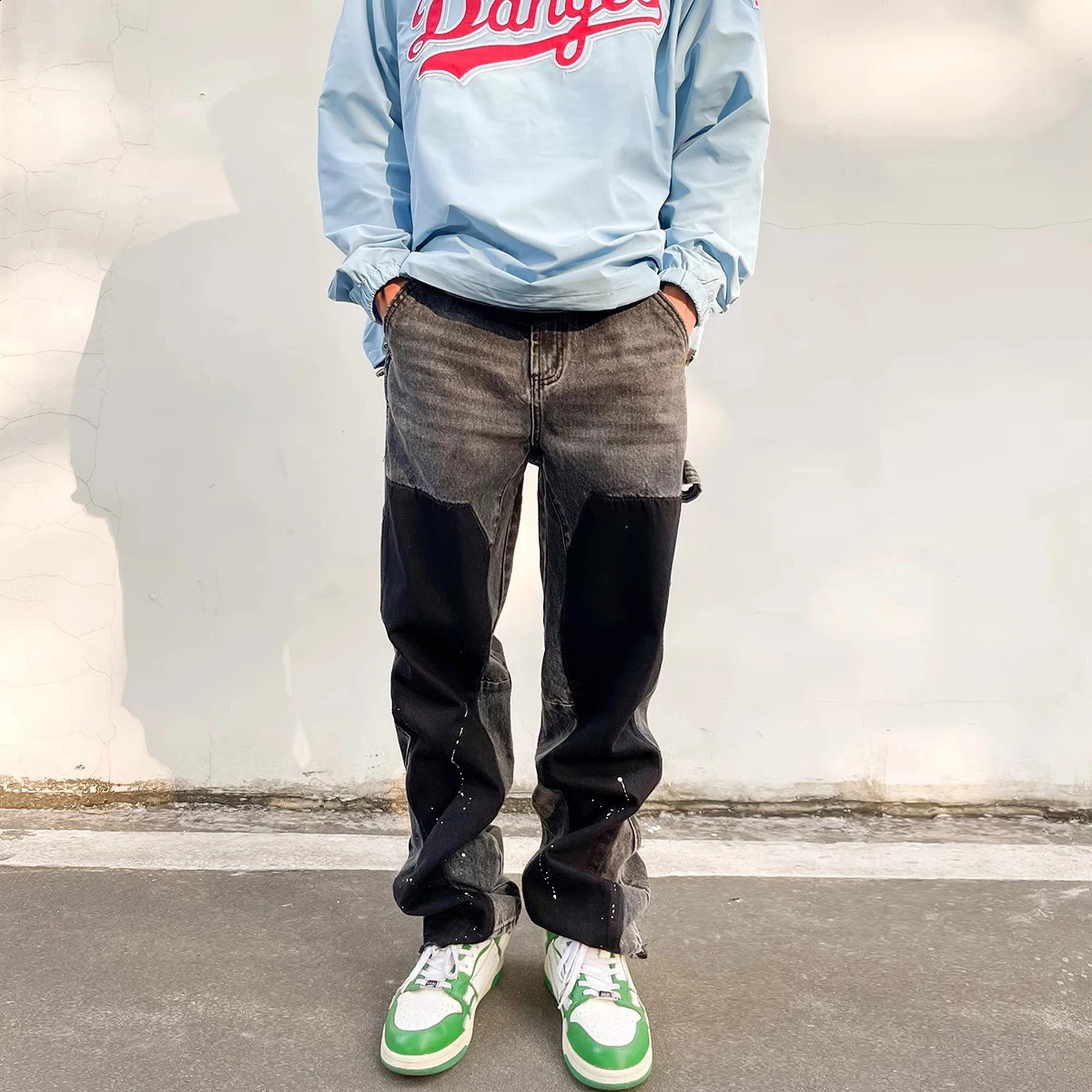 Splicing black straight denim pants mens retro splicing ink splatter jeans Y2k cargo 240726