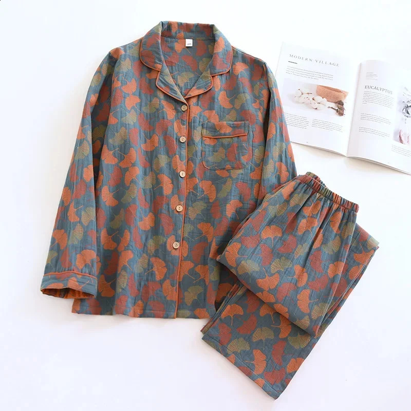 2024 spring and summer womens pajamas suit long-sleeved trousers two-piece 100% cotton crepe flower leaves home clothes 240726