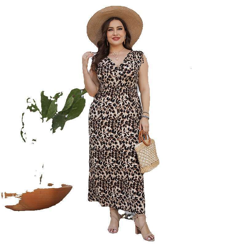 Hot Selling High Elastic V-neck Knitted Leopard Print Oversized in the United States Sexy and Slimming Waist Cinching Casual Long Dress Pregnant Wom