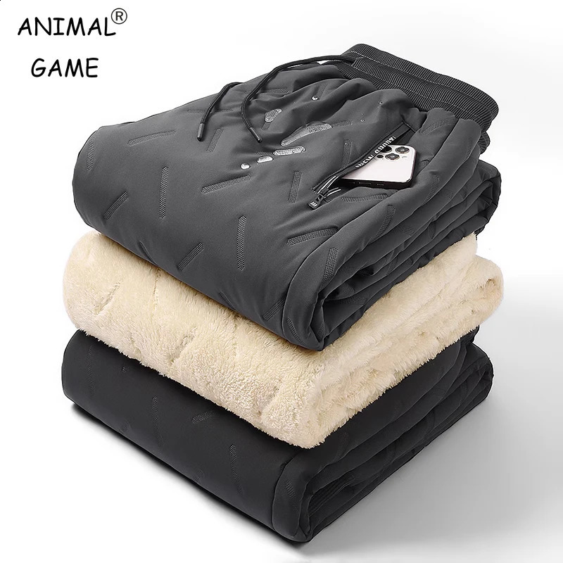 Winter zipper pocket thick wool sports pants mens jogging black gray cotton thermal waterproof 240726