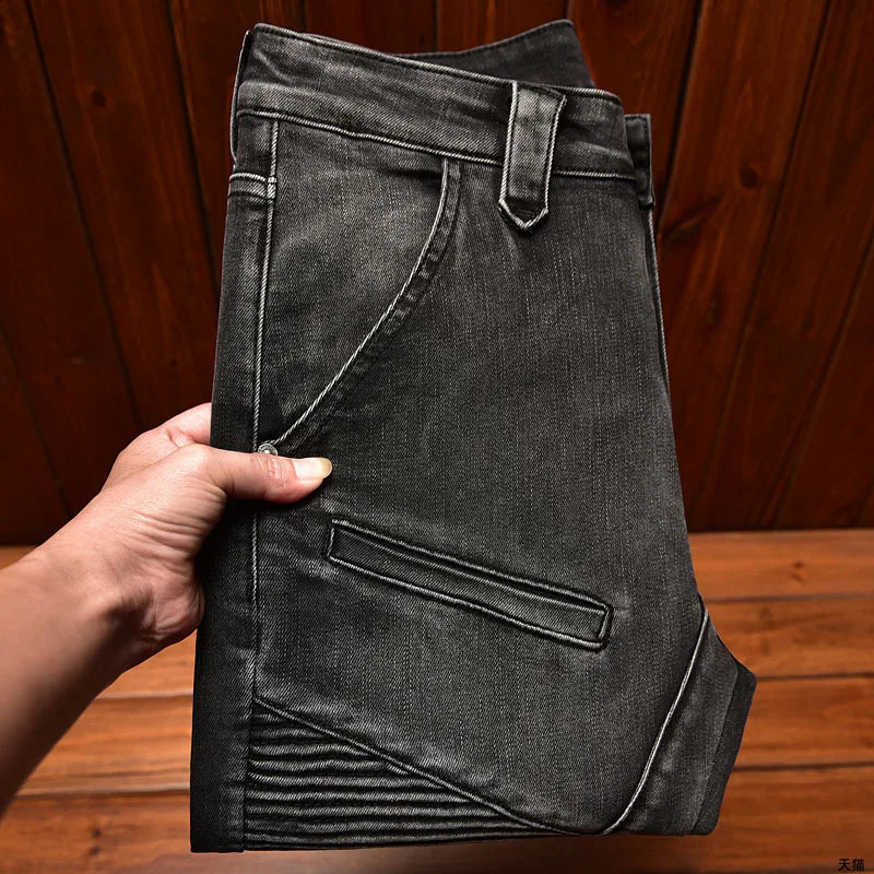 Motorcycle jeans black and gray mens 2024 fashionable rock tight pants with personalized patchwork retro 240726