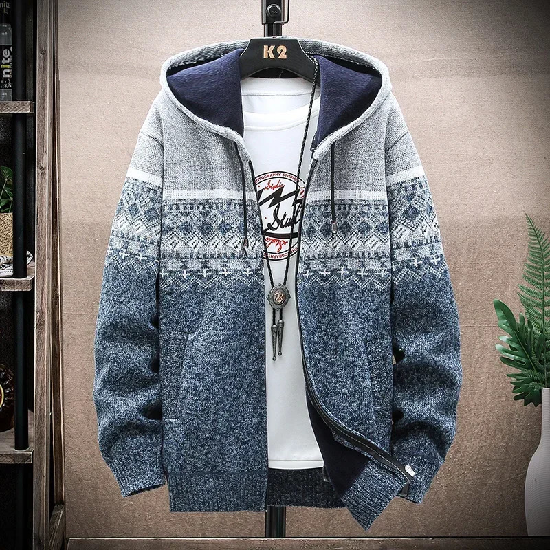 Mens hooded cardigan autumn item zipper fashion knitting plus size sweater splicing color lock jacket mens clothing 240726