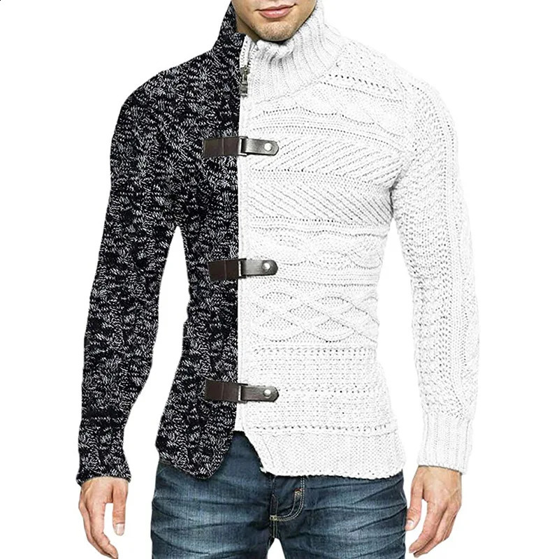 Autumn and winter mens sweater patch work collar cardigan casual knitted slim fit long sleeved fashionable jacket 240726