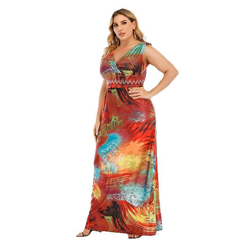 US Robe de grande taille Col en V Taille élastique Haute Stretch Tricoté Soie Glacée Coquelicot Longue Jupe Graffiti 200 Livres Nouveauté Robe En