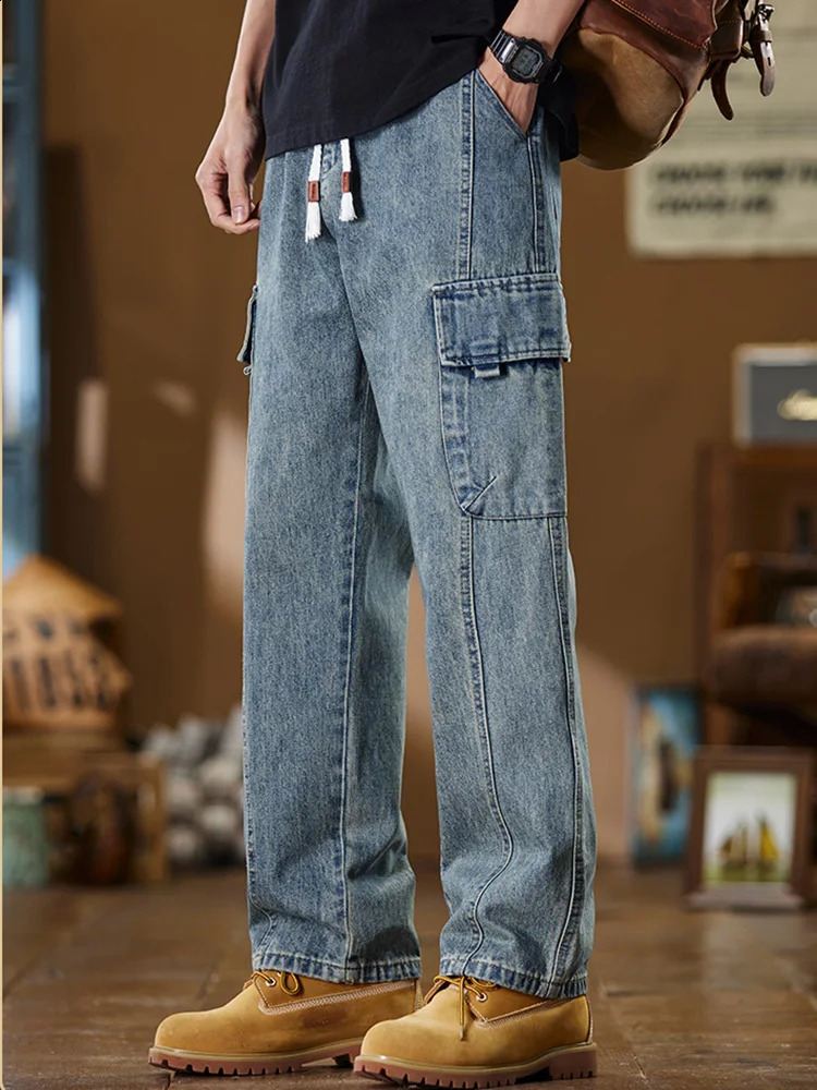 Harajuku hommes jeans stretch quotidien pantalon denim de cargaison de lavage droit de lavage plusieurs poches de taille moyenne décontractée 240