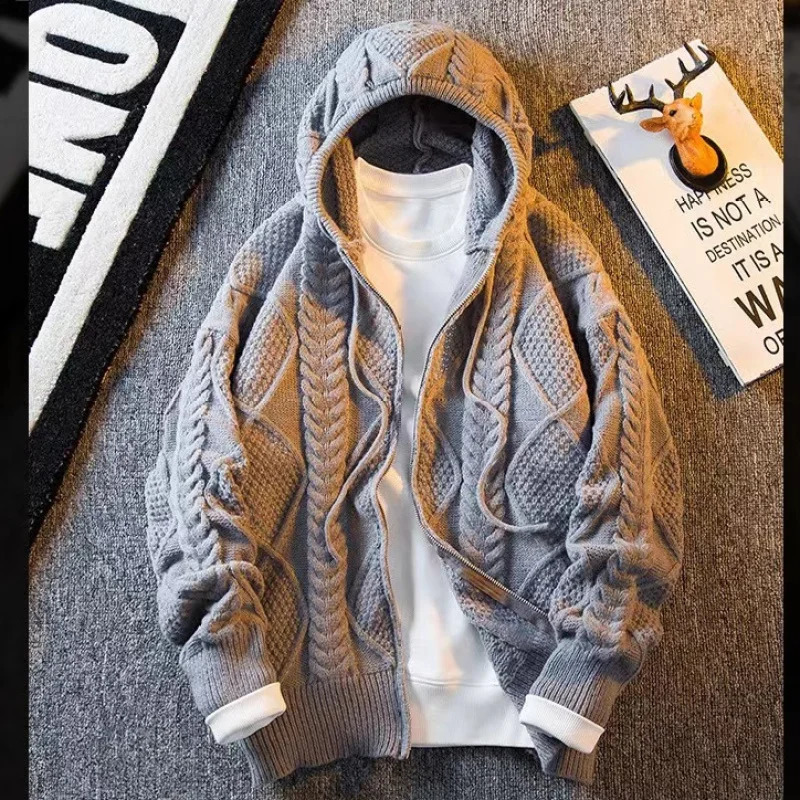 2023 autumn and winter fashion solid color mens knitted jacquard loose long sleeved hooded sweater cardigan 240726