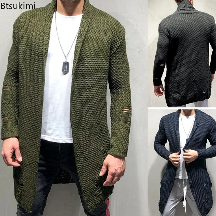 2024 autumn winter mens knitted jacket long cardigan sweater fashion casual trench coat clothing 240726