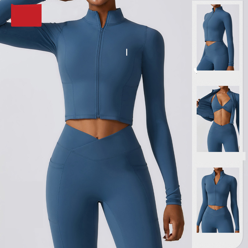 A8355 Yoga Jacket Sports Coat Womens Tight Yoga Clothes Quick-drying Long-sleeved Top Zipper Cardigan Fitness-image-999209005