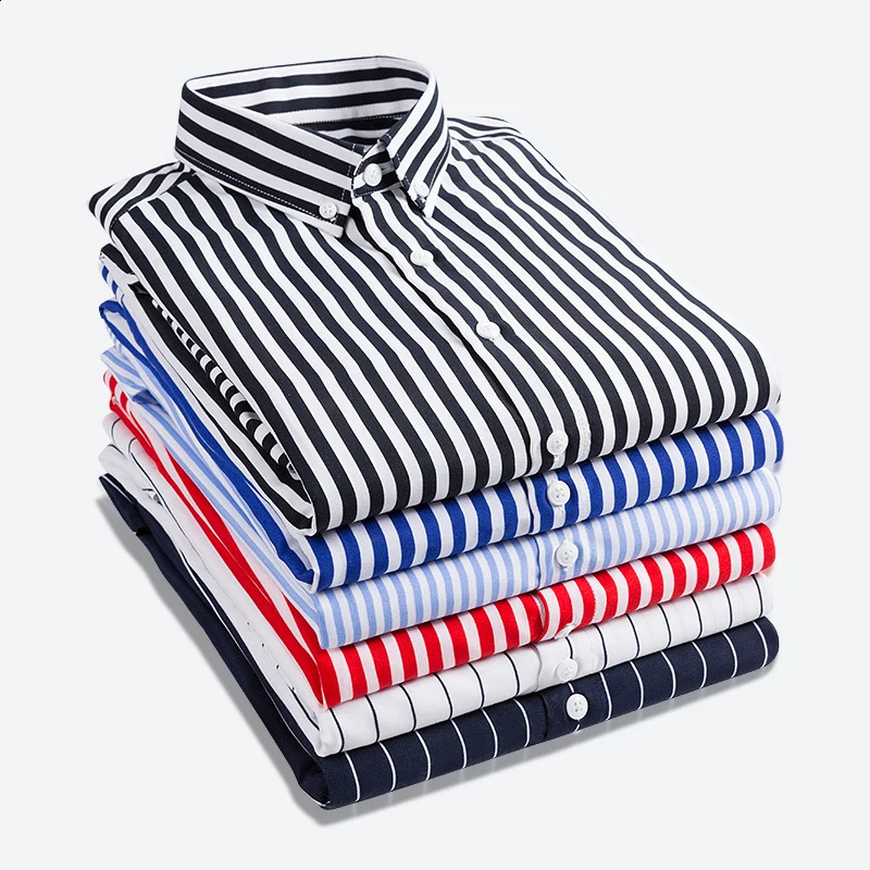 M-5XL Autumn Mens Striped Shirt Solid Casual Long Sleeve Slim Fit Korean Edition Business Formal Laydown Shirt 240726