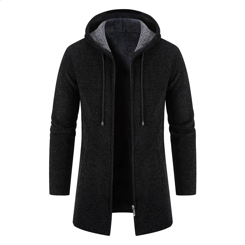 Mens hooded long cardigan wool sweater mens winter coat casual thick warm size 4XL 240726