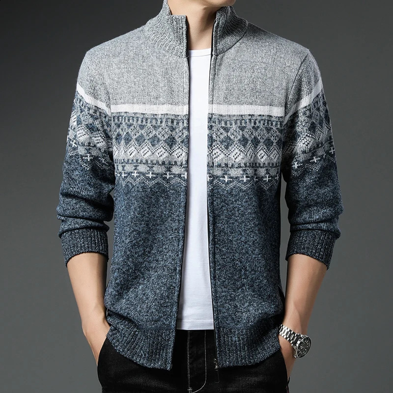 Wool lined cardigan mens sweater retro wool thick casual full zipper 240726
