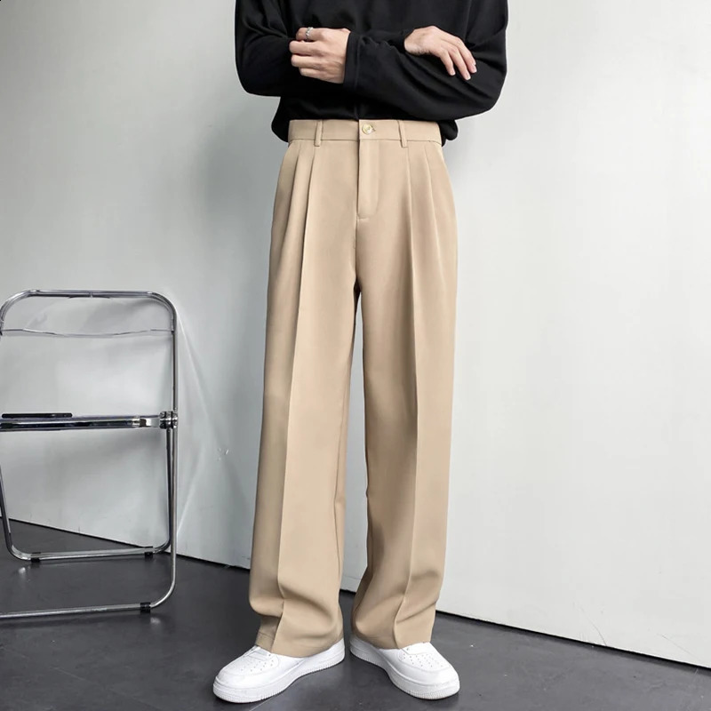 brushed straight mens pants fashionable business Korean loose casual white black gray wide leg Trouser jacket set 240726