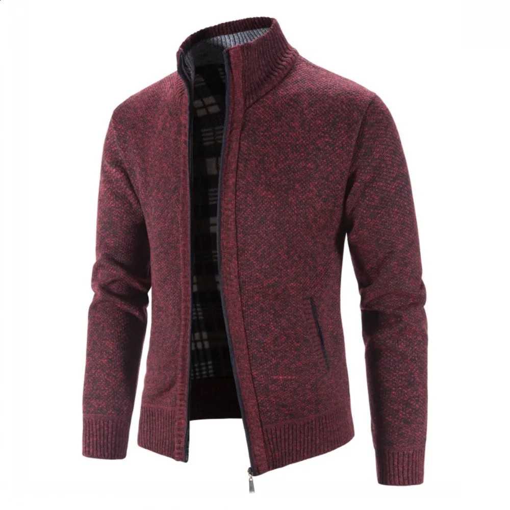 autumn and winter wool thickened cardigan mens coat stand collar zipper sweater knitted fabric 240726