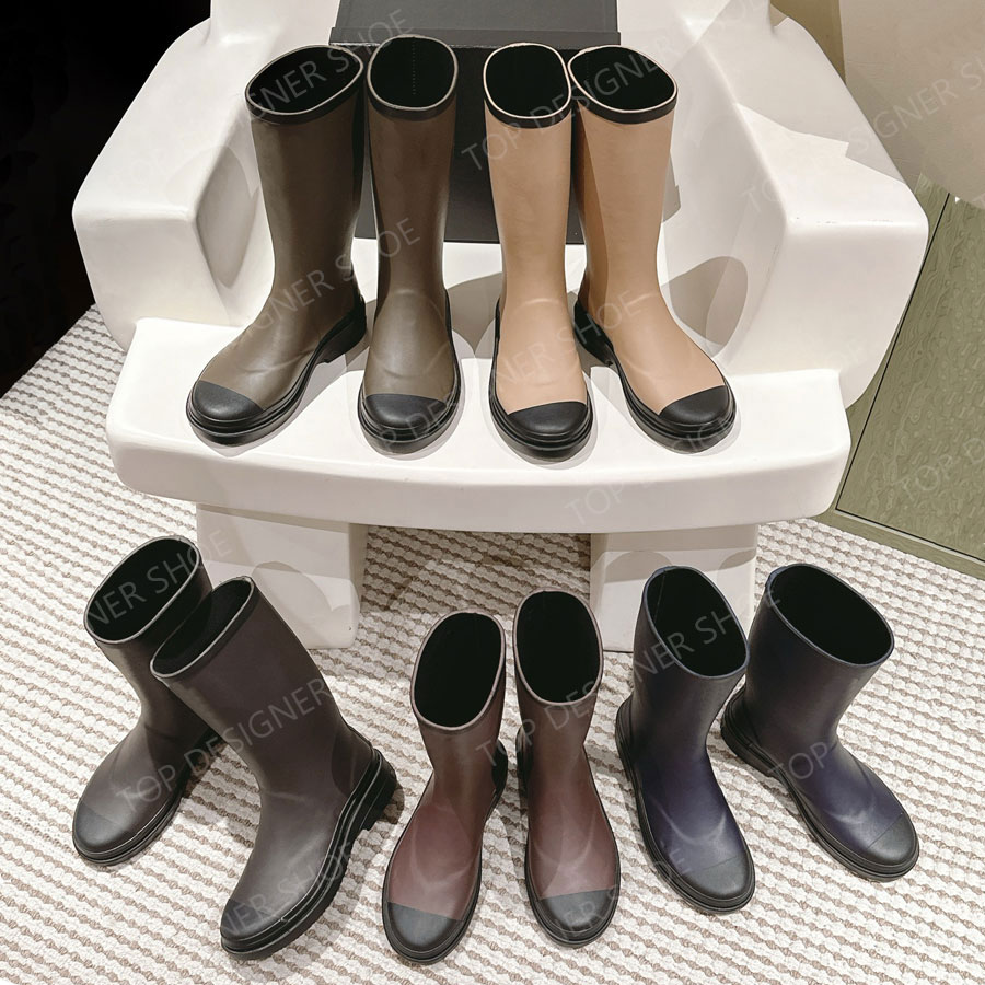 Top quality New Classic Vintage Trendy rubber Rainboots Knee Boots Round-toe splice low heel Fashion booties ladies Luxury designer Rain boots Flat