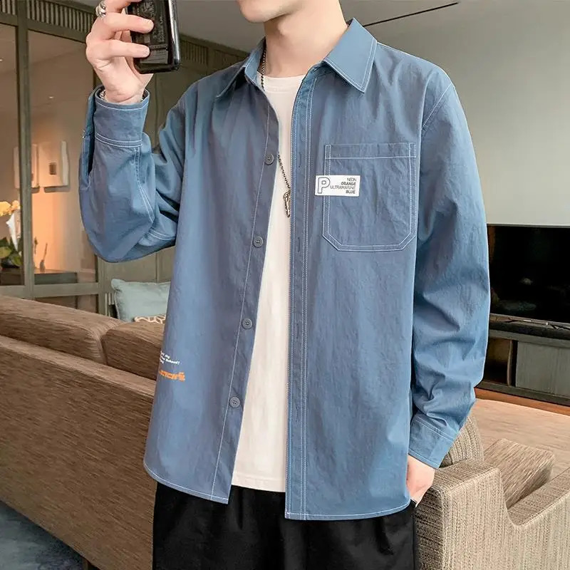 Spring Mens Long Sleeve Lapel Spliced Single-breasted Pocket Fashion Casual All-match Youth Trend Solid Color Shirt 240729