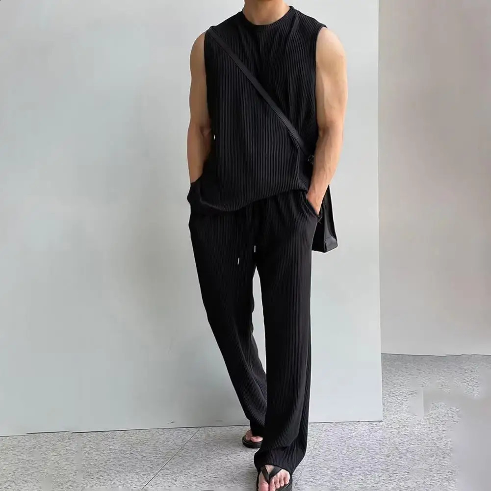 2pieceset mens summer casual suit Oneck sleeveless vest elastic drawstring waist wide leg pants set solid color Casua 240729
