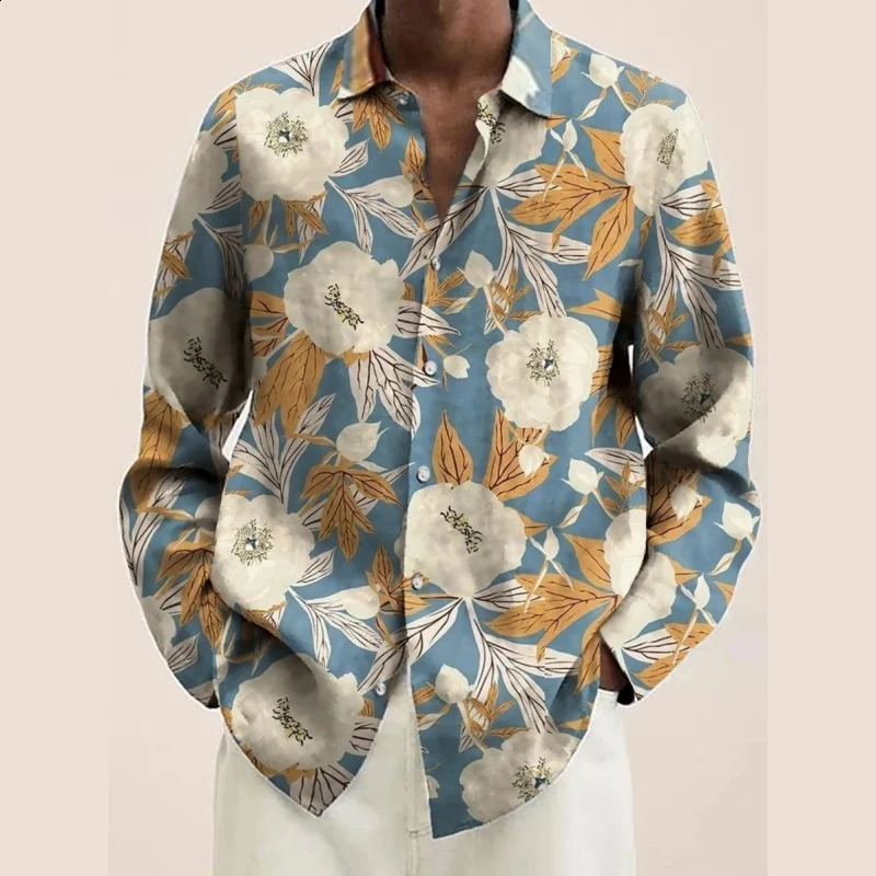 Vintage Plants Flowers Print Mens Shirts Casual Single-Breasted Blouses Long Sleeve Shirt Streetwear Lapel Tops Men Clothing 240729
