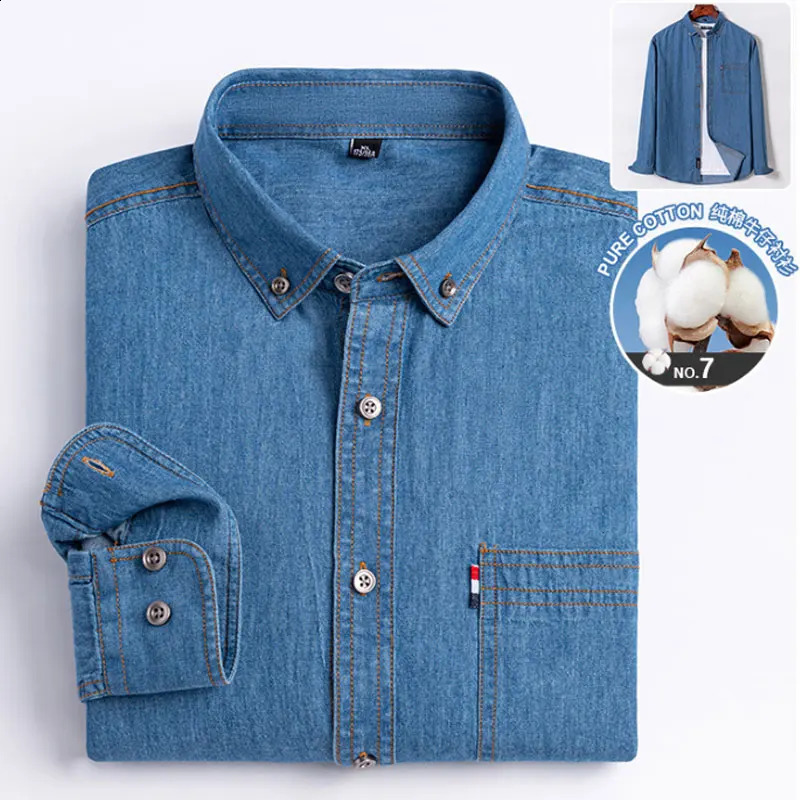 100% cotton denim young and middle-aged mens long-sleeved shirt autumn and winter casual no-iron solid color high quality 240729