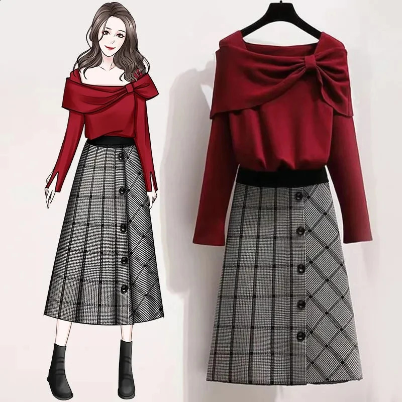 Bow Asymmetry Knitted Sweaters Winter Elastic High Waist Houndstooth Vintage A-line Skirts For Women Two-piece Set Womens Suit 240729