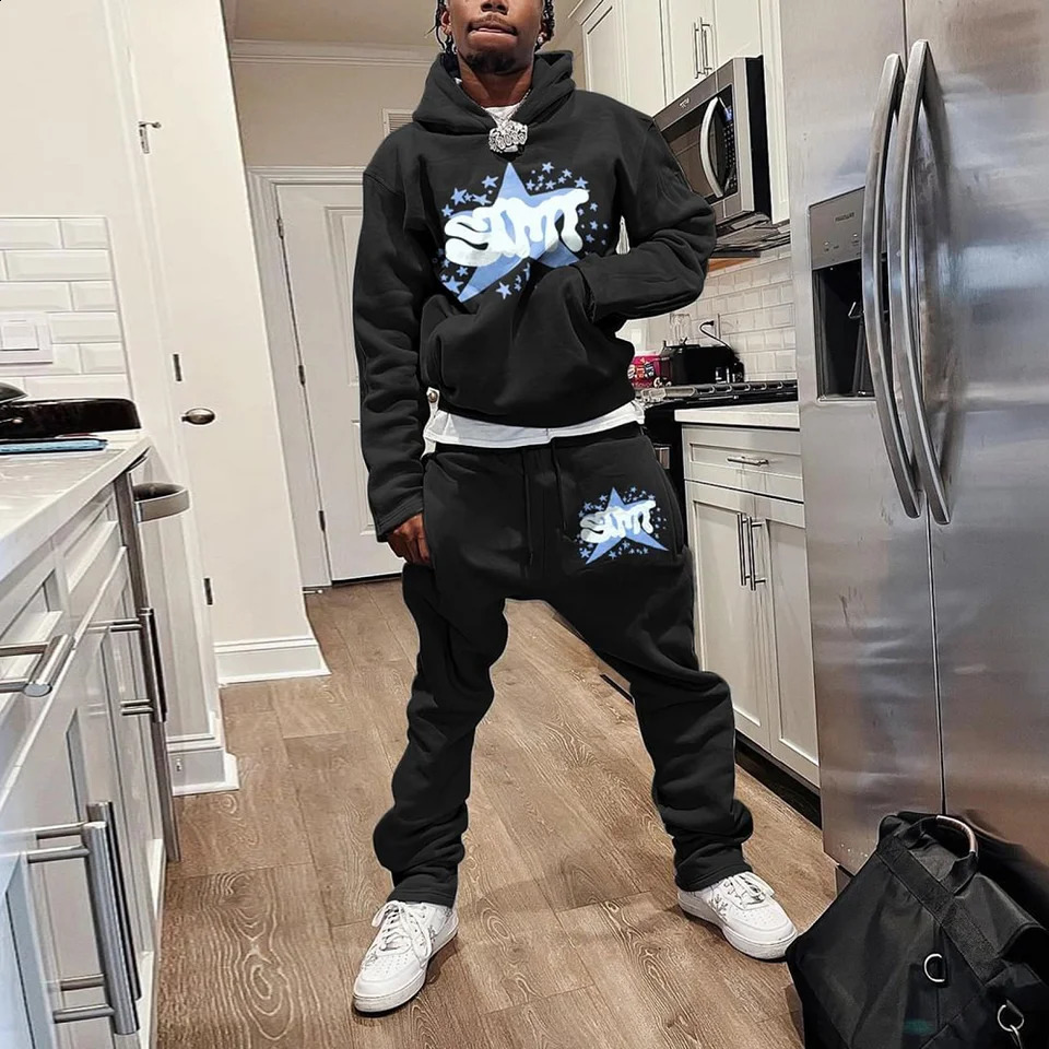 Mens Autumn Winter Hoodie Suit Two-piece 3D Printed Sportswear Casual Bell Pants Sportswear Set Y2k Streetwear Mens Clothing 240729