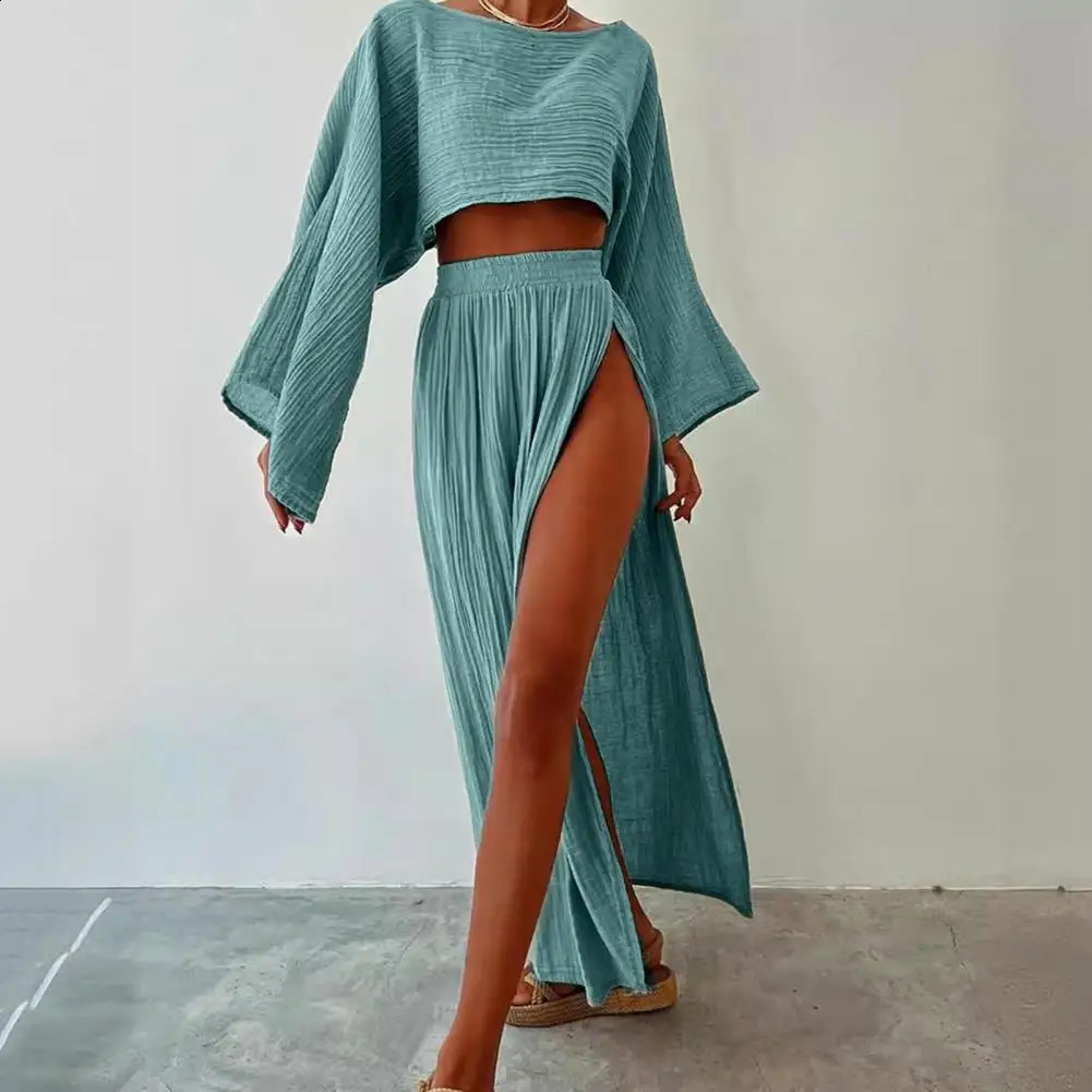 Casual Solid Cotton Linen 2 Piece Sets Spring O Neck Crop Top High Waist Slit Women Skirt Outfit Summer Flare Sleeve Hollow Suit 240729