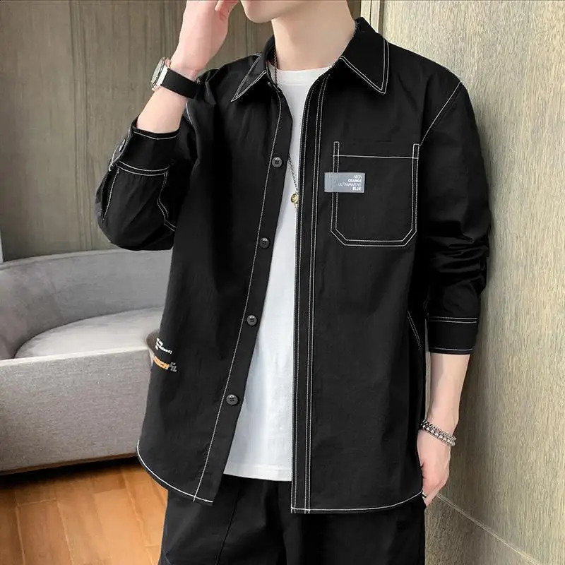 Long Sleeve Mens Clothing Spring Korean Version Casual Versatile Lapel Spliced Pocket Single-breasted Cargo Coat Shirt 240820