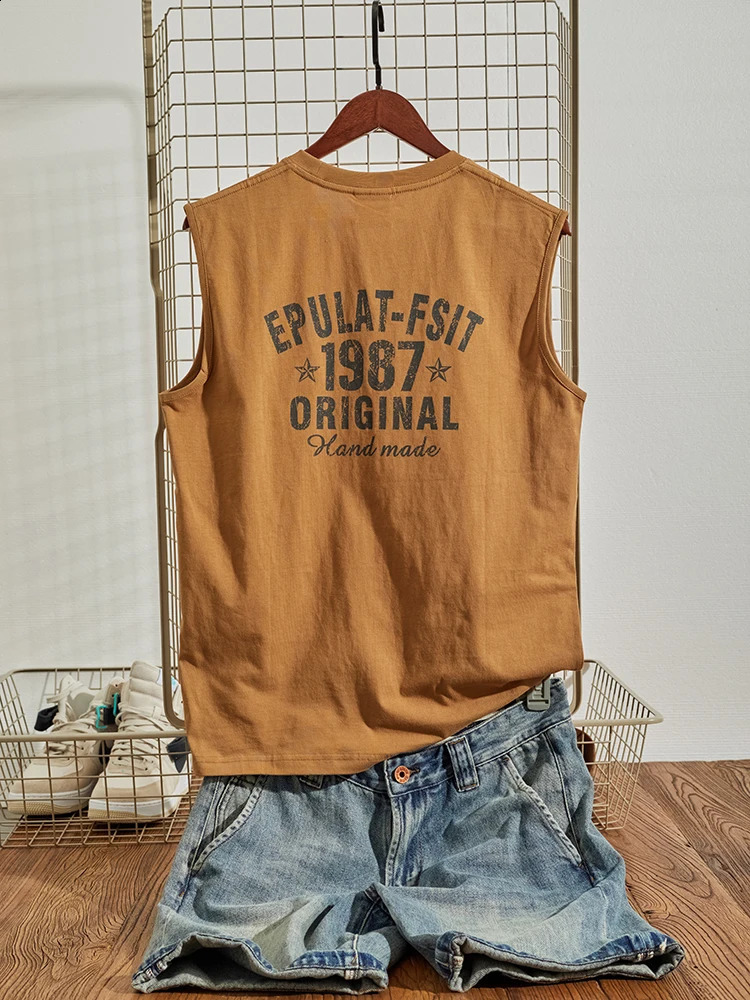 Summer American Retro Sleeveless O-neck Letter Printed T-shirt Mens Fashion 100% Cotton Washed Old Casual Sports Vest Tops 240729