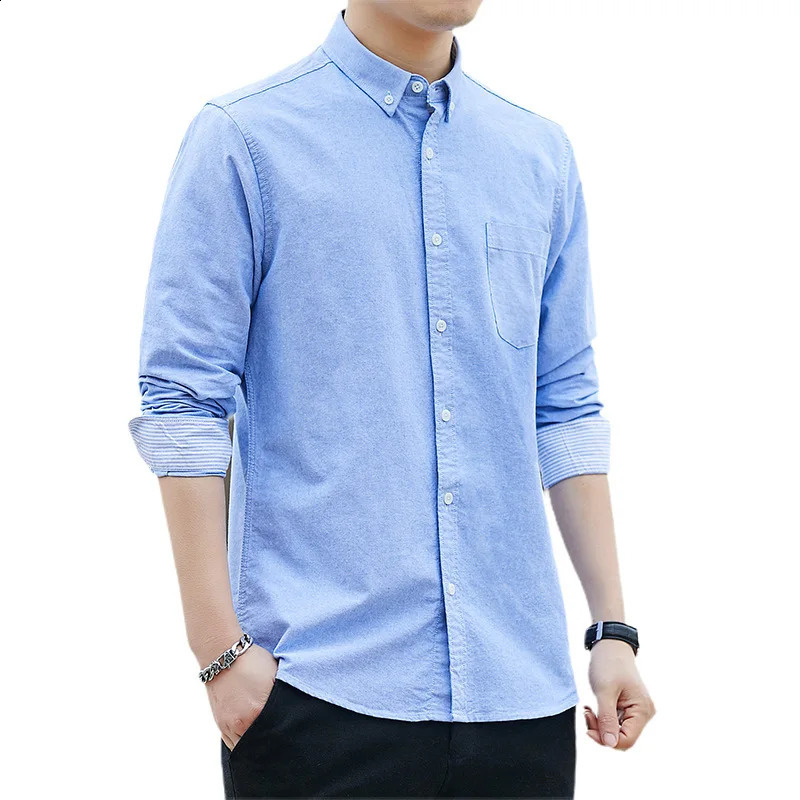 100 Cotton Long Sleeve Shirt for Men Oxford Textile Casual Shirts Single Pocket Button Plaid Striped Male Social Formal Shirts 240729