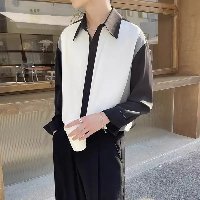 Spring Autumn Fashion POLO Collar Long Sleeve Mens Clothing Blouse Patchwork Contrast Color Casual Loose Korean Thin Shirts 240729