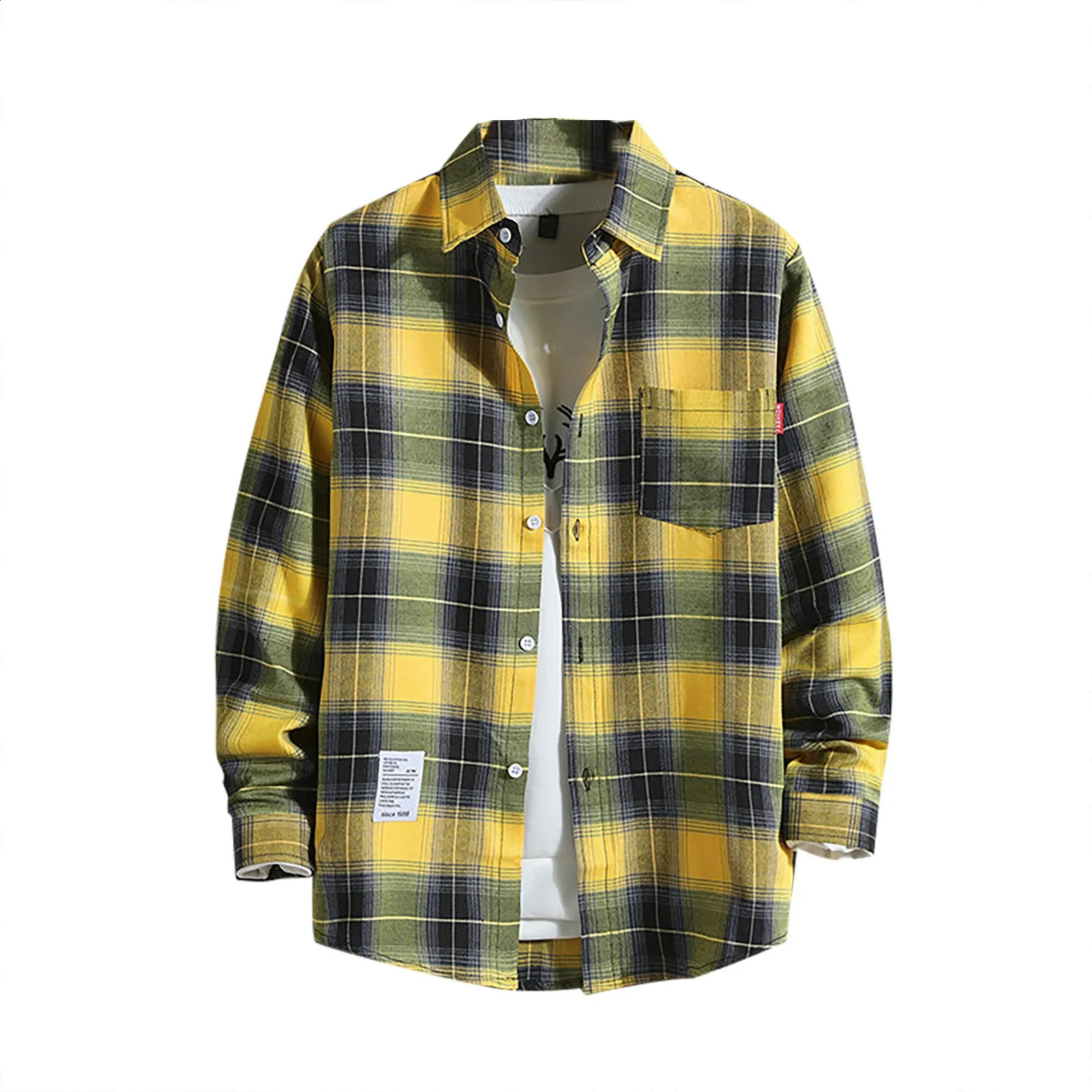 Plaid Shirt For Men Spring Autumn Blouse Long Sleeved MenS Casual Shirt Single Breasted Lapel Cardigan Chest Pocket 240820