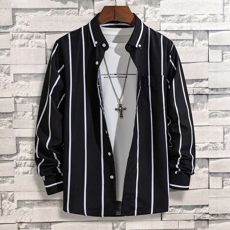 Mens Spring and Autumn Splice Square Collar Button Stripe Fashion Loose Minimalist Versatile Casual Long Sleeve Shirts 240729