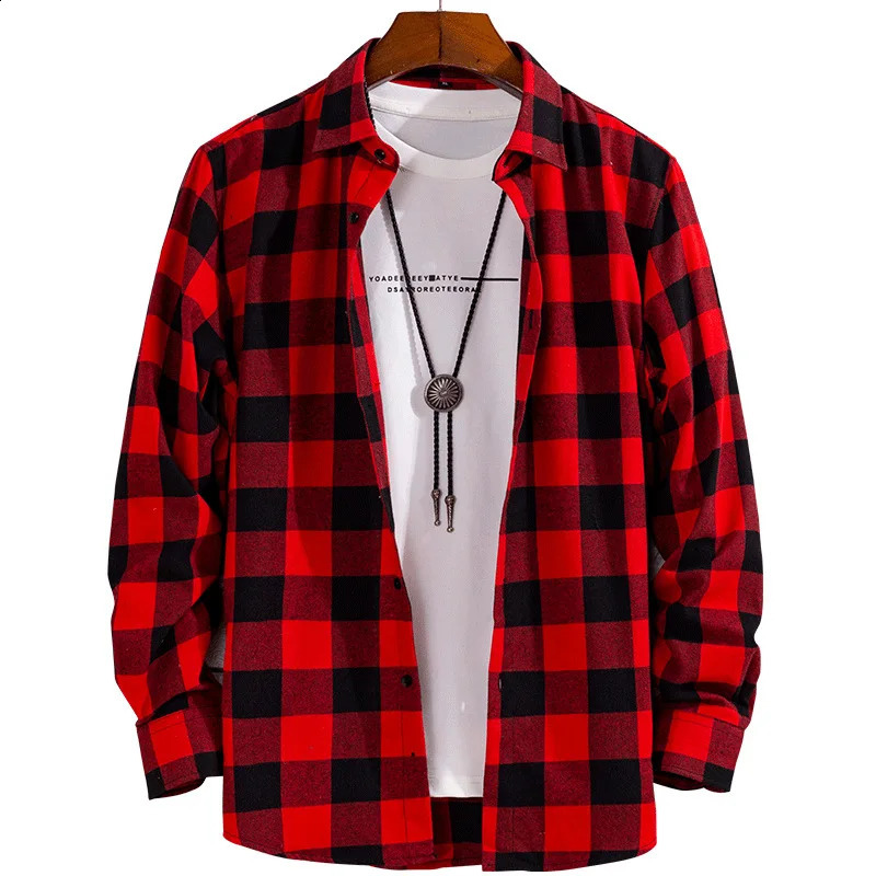 Spring and Autumn Fashion Cotton Long Sleeve Mens Shirt Brushed Red Plaid Business Leisure Fit Flannel No iron 240729