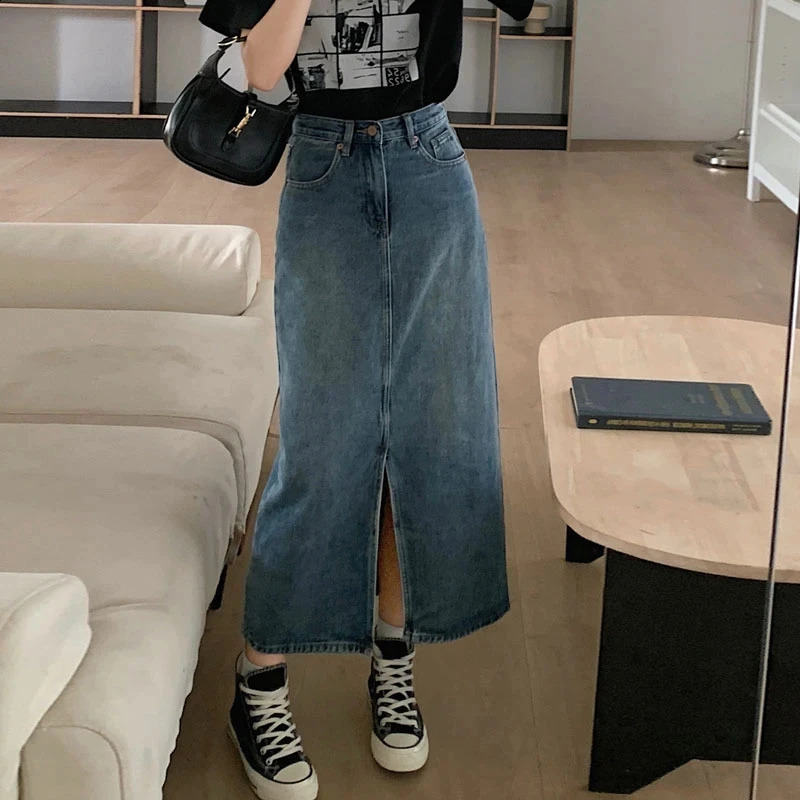Womens Denim Wrap Skirts Retro High Waisted Split A-Line Denim Skirt Autumn Fashion Straight Skirt Female 240729