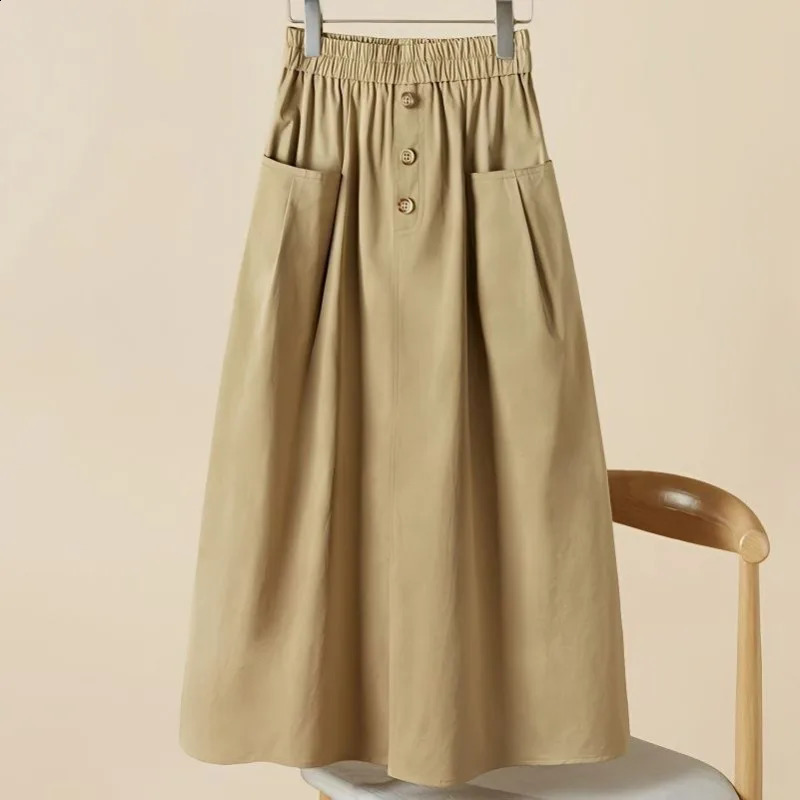 Summer High End Korean Fashion Cotton A-line Skirt Women Solid High Waist Patchwork Button Pocket Loose Straight Skirt 240729