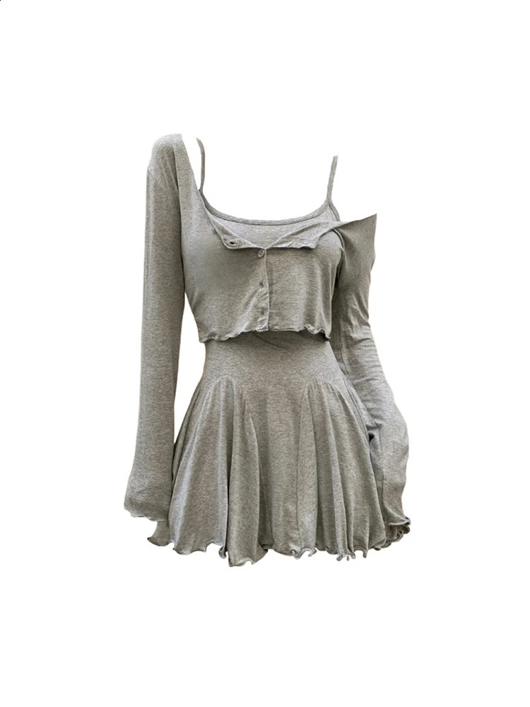 Femmes de vacances Femmes Femmes En jeu de robes de 2 pièces Couleur unie solide Cardigan à manches longues Top 2000 Mini Gyaru Robes plissées Gy