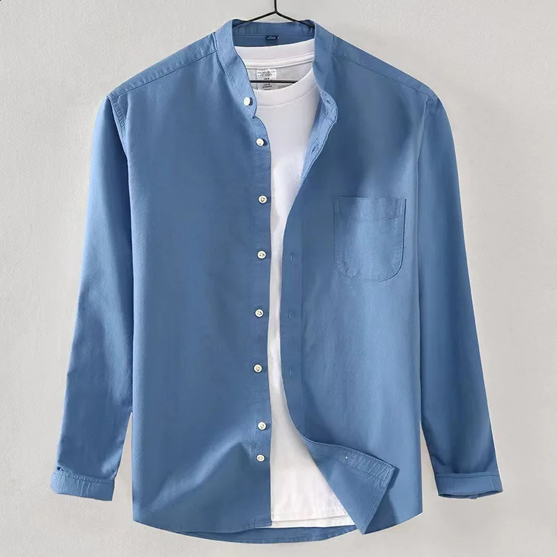 Spring and Autumn Pure Cotton Stand Collar Oxford Spun Long Sleeve Shirt Japanese Casual No-Iron Fashion Mens Clothing 240729