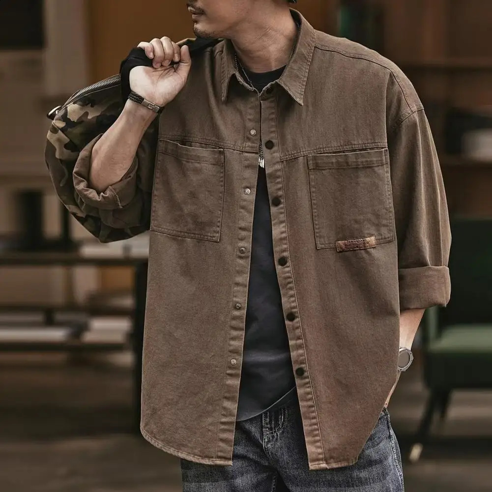 Mens Work Shirt Lapel Loose Single Breasted Long Sleeve Casual Solid Color Large Size Pocket Mens Top Shirt 240729