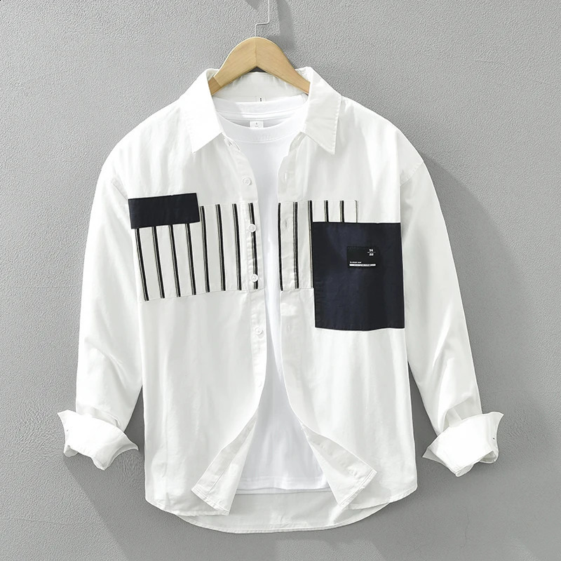 Fashion Patchwork Shirts for Men Spring Long Sleeve Button-Down Shirt Loose Mens Clothing 240729
