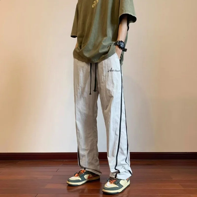 Summer Stripe Quick Drying Casual Pants Men Solid Patchwork Embroidery Elastic Waist Drawstring Pocket Loose Straight Trousers 240719