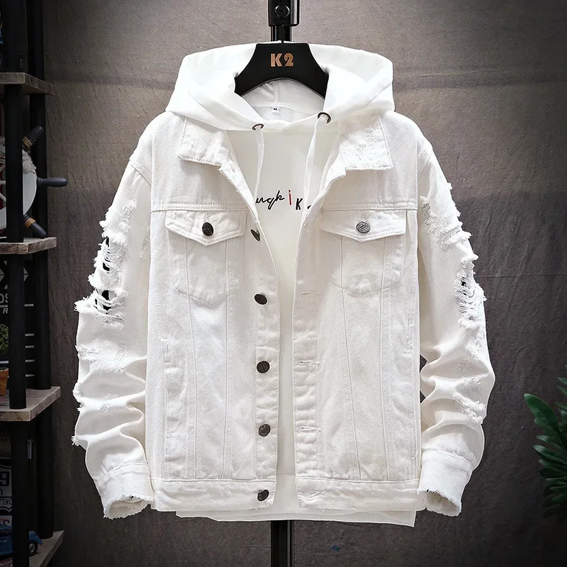 ZOGAA mens denim jacket casual tear loose fashionable solid color street clothing 240729