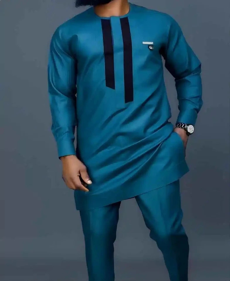 Dashiki African National Dress Navy Blue Printed Jacket 2piece Mens Classic Wedding Party Casual Set 240729