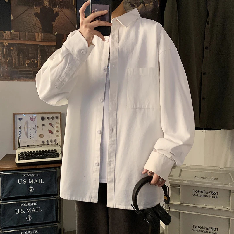 Pure white Long Sleeve Shirt Mens youth loose large fashion simple casual shirt autumn and winter solid color coat Cotton 100% 240729