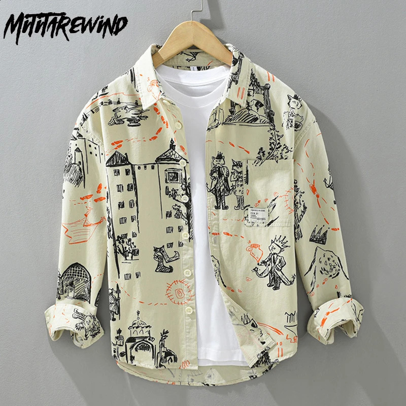 Trendy Graffiti Shirts for Men High Street Casual Loose Shirt Pocket Pure Cotton Long Sleeve Tops Spring Mens Clothing Youth 240729