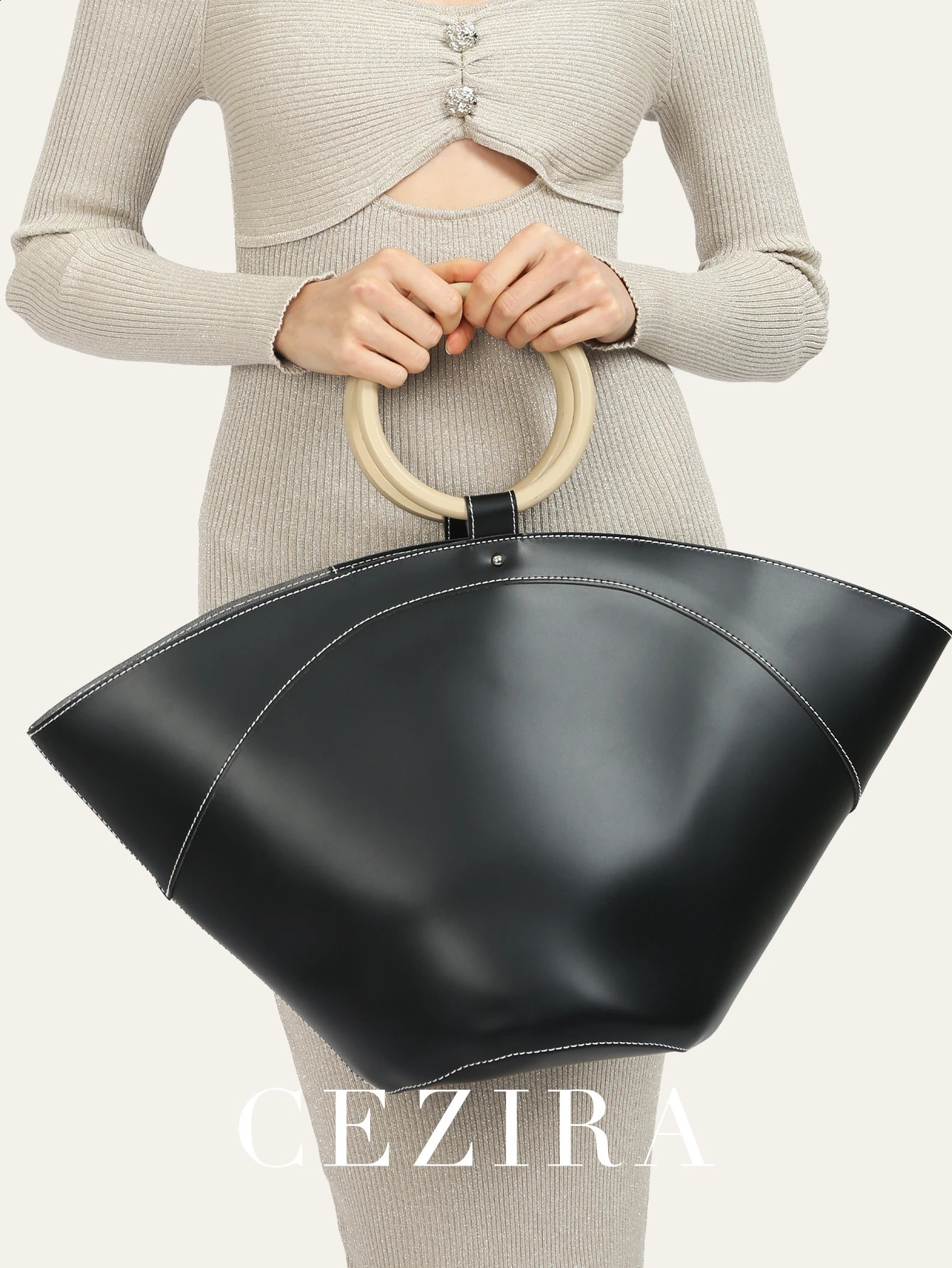 Femmes minimalistes de style minimaliste PU Vegan Tote Fashion surdimensionné surdimensionné en bois rond Patriètes de grande capacité sac à main