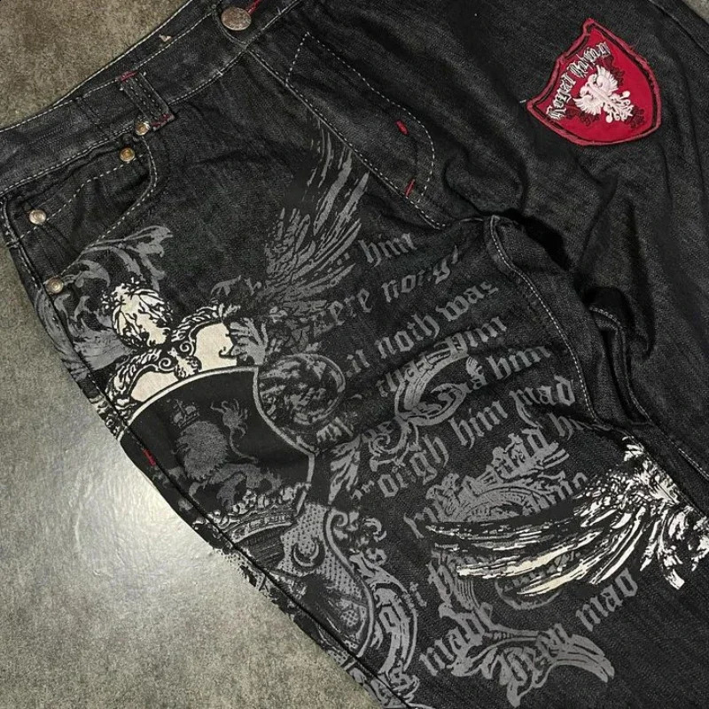 Streetwear Y2K Jeans Harajuku Hip Hop Retro Graphic Embroidered Baggy Jeans Black Pants Men Women Gothic High Waist Wide Trouser 240729