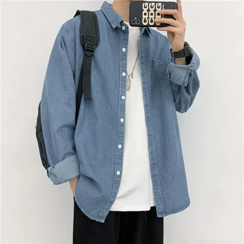 Mens Denim Shirt Fashion Harajuku Long Sleeve Tops Spring Autumn Vintage Baggy Jacket Trend Streetwear Oversized Male Clothing 240729