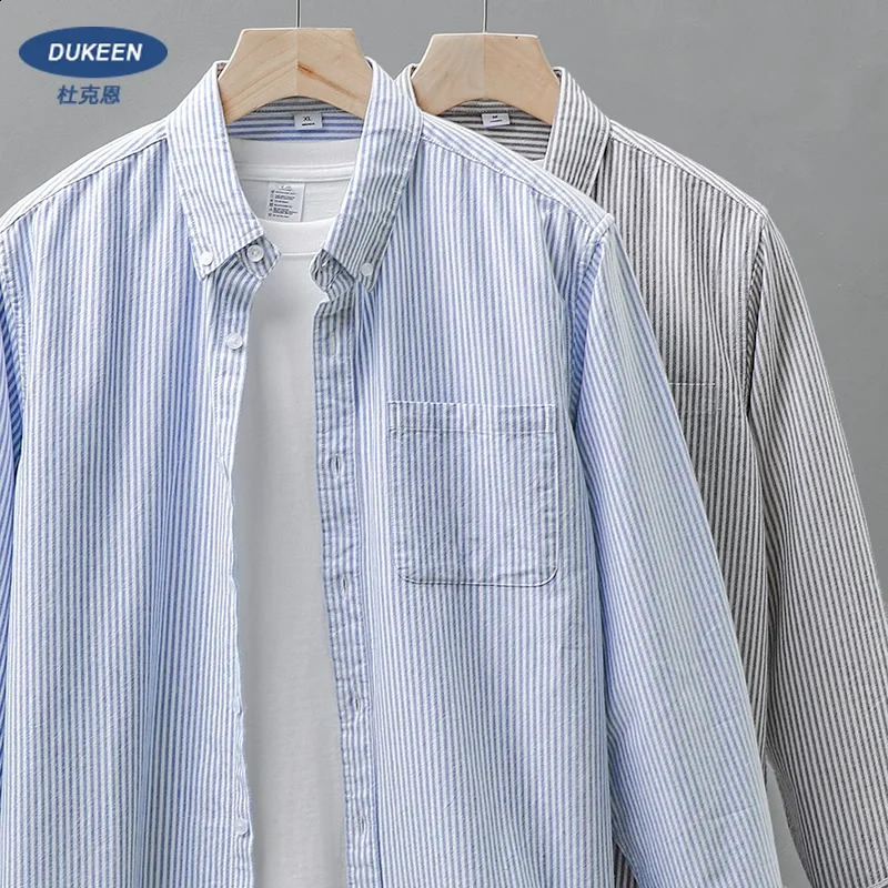 DUKEEN Mens Casual Tops Striped Shirt Loose Top Cotton Cardigan Spring and Autumn Long-Sleeved Shirts 240729